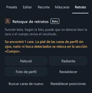 La parte superior del panel justo después del análisis, con el mensaje de resultado («Se encontró 1 cara.») y los botones de retoque rápido