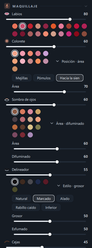 El panel Maquillaje (con Labios Rosé · Colorete Melocotón elegidos y desplegados la posición y el área del colorete, el área de la sombra de ojos y el estilo del delineador)