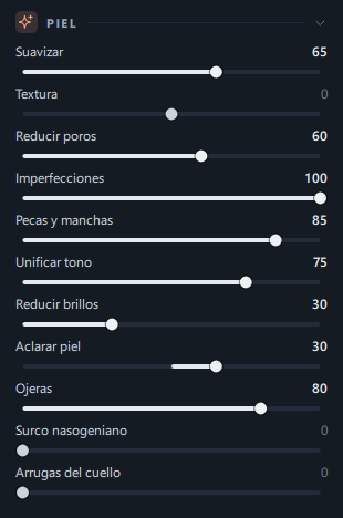 Los 11 controles del panel Piel, tras hacer clic en Natural