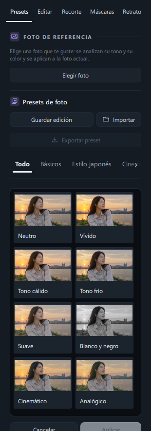 Las miniaturas de presets de la pestaña Todo