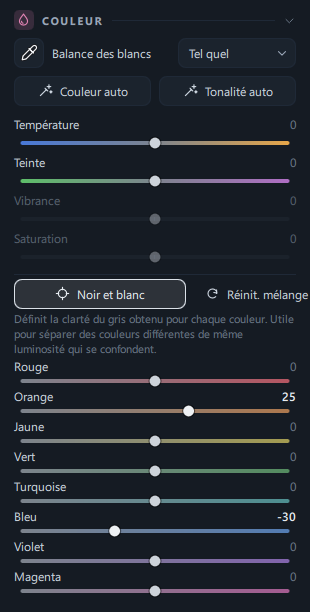 Le panneau Couleur avec le noir et blanc activé et les curseurs du mélange N&B (Orange +25 · Bleu −30)