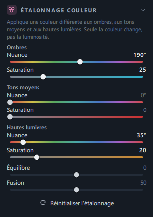Le panneau Étalonnage couleur (ombres 190° · 25, hautes lumières 35° · 20)