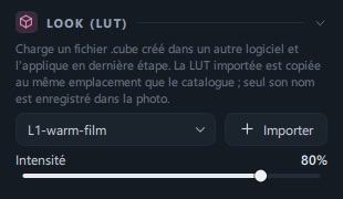Le panneau Look (LUT) (nom de la LUT importée · bouton Importer · intensité 80 %)