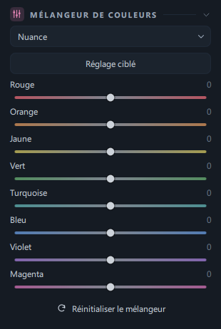 Le panneau Mélangeur de couleurs (liste déroulante · Réglage ciblé · curseurs des huit couleurs)