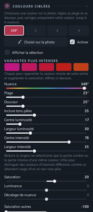 Le panneau Couleurs ciblées (case 1 activée sur la couleur du manteau, saturation des autres couleurs à −100)