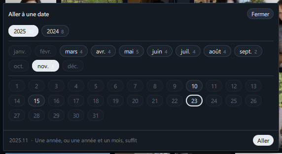 La fenêtre Aller à une date (boutons d'année · de mois · de jour, date choisie et bouton Aller sur la ligne du bas)