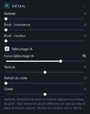 Le panneau Détail complet (Netteté · 2 curseurs de réduction du bruit · case Débruitage IA et sa force · Texture · Retrait du voile · Clarté · ligne d'explication en bas)