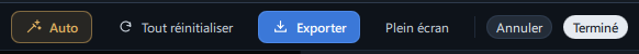 La partie droite de la barre supérieure (Auto · Tout réinitialiser · Exporter · Plein écran · Annuler · Terminé)
