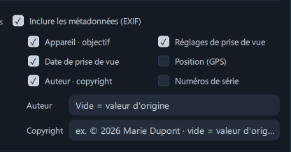 La zone Métadonnées, avec Position (GPS) activée et le message d'avertissement visible