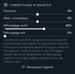 Le panneau Corrections d'objectif (Distorsion · Aberr