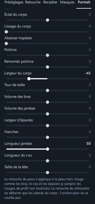 Le panneau Corps (modèle supplémentaire installé, avec Remonter poitrine · Largeur du corps visibles) et le message d'état en bas