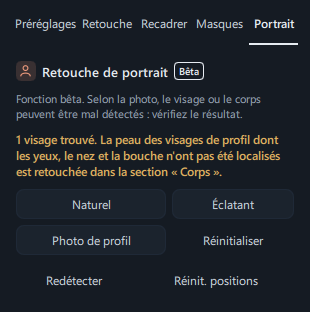Le haut du panneau juste après l'analyse, avec le message de détection (« 1 visage trouvé