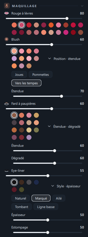 Le panneau Maquillage (rouge à lèvres Rosé · blush Pêche choisis, avec position · étendue du blush, étendue du fard à paupières et style d'eye-liner dépliés)