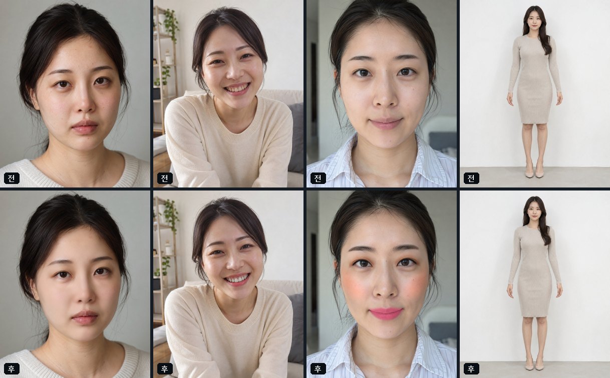 인물 보정 네 가지 전후 — 피부 · 눈과 입 · 화장 · 얼굴형과 몸