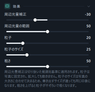 効果パネル(周辺光量補正 · 周辺光量の範囲 · 粒子 · 説明)