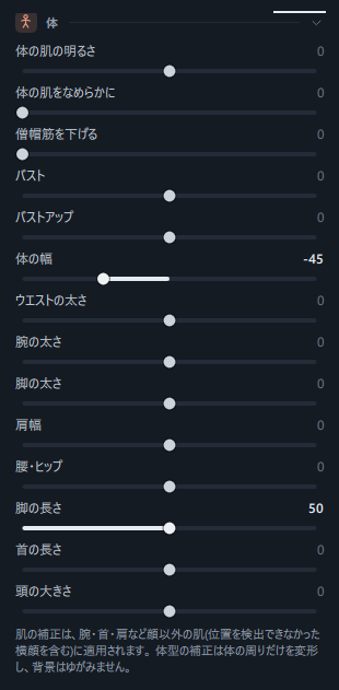 体パネル(追加モデルをインストールしてバストアップ · 体の幅まで表示されている状態)と、いちばん下の状態メッセージ