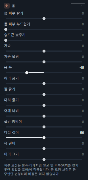 몸 패널(추가 모델을 설치해 가슴 올림 · 몸 폭까지 보이는 상태)과 맨 아래 상태 메시지