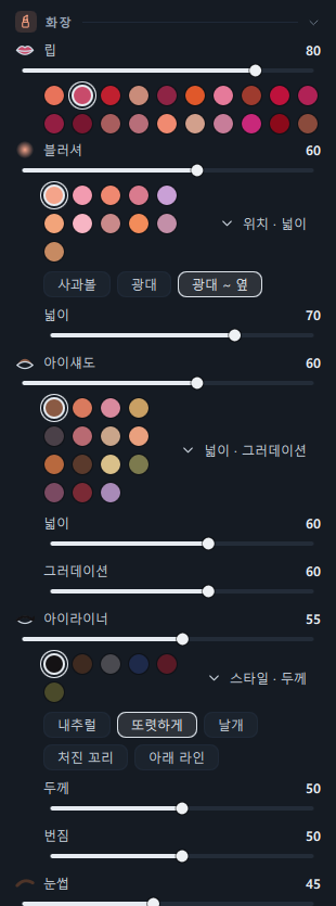 화장 패널(립 로즈 · 블러셔 피치를 선택하고, 블러셔 위치 · 넓이, 아이섀도 넓이, 아이라이너 스타일을 펼친 상태)