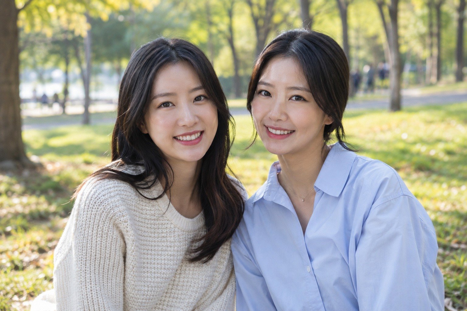 두 사람 중 얼굴 2(왼쪽 사람)만 화사하게 → 부드럽게 70 · 피부 밝기 40 · 립 코랄 65 · 블러셔 35(광대 · 넓이 70) — 보정 전